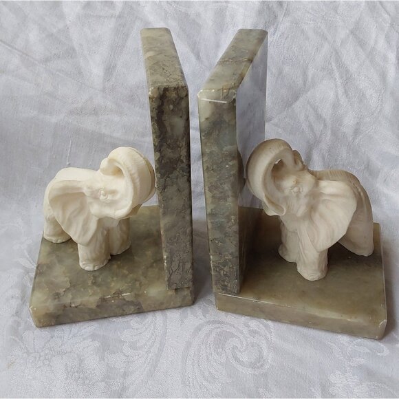 Vintage hand carved alabaster elephant book ends trunk up for good luck Italy - Picture 1 of 10